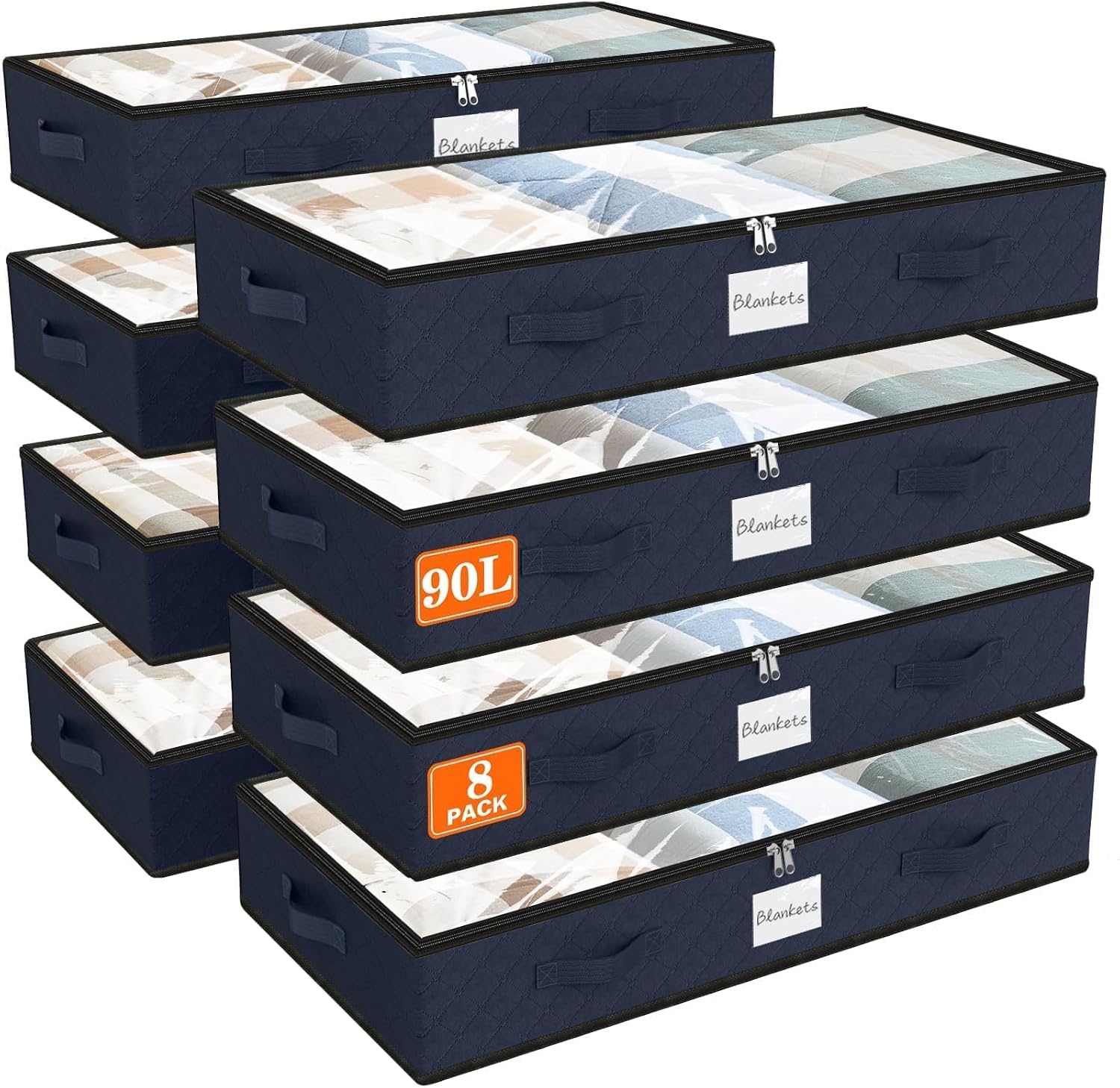 SpaceWhisper 90L Under Bed Storage Containers, Storage Bags, Organizers, 8-Pack, Gray, Foldable, Soft Fabric, Closet Organizers, Reinforced Handle