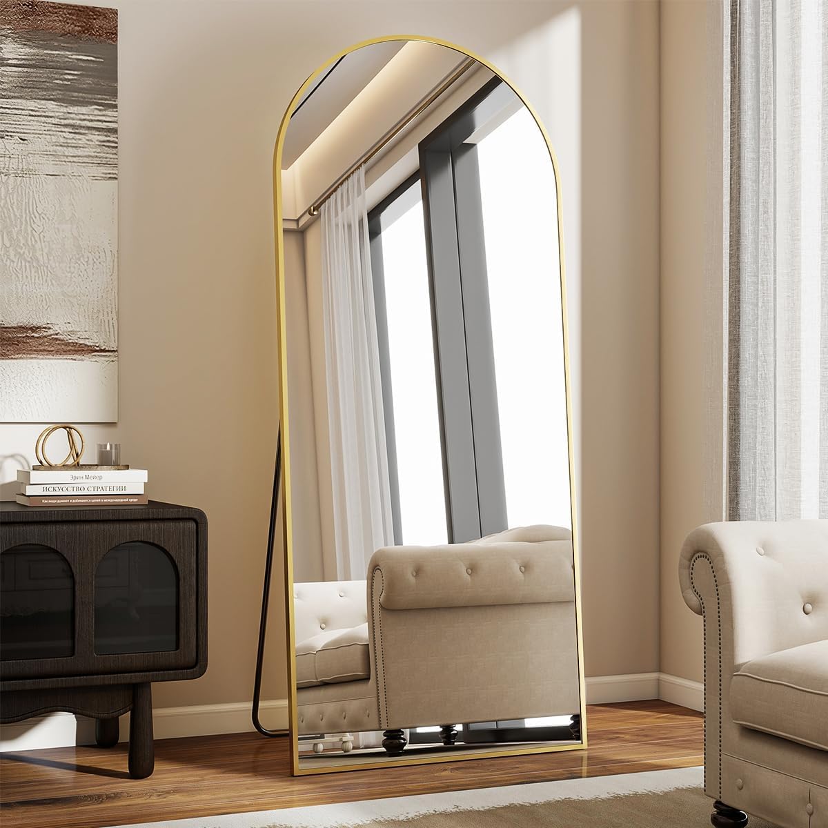 VooBang 35"x78" Gold Large Arched Floor Full Length Dressing Body Mirror, Shatterproof Tempered Glass, Modern Minimalist Chic Room Decor