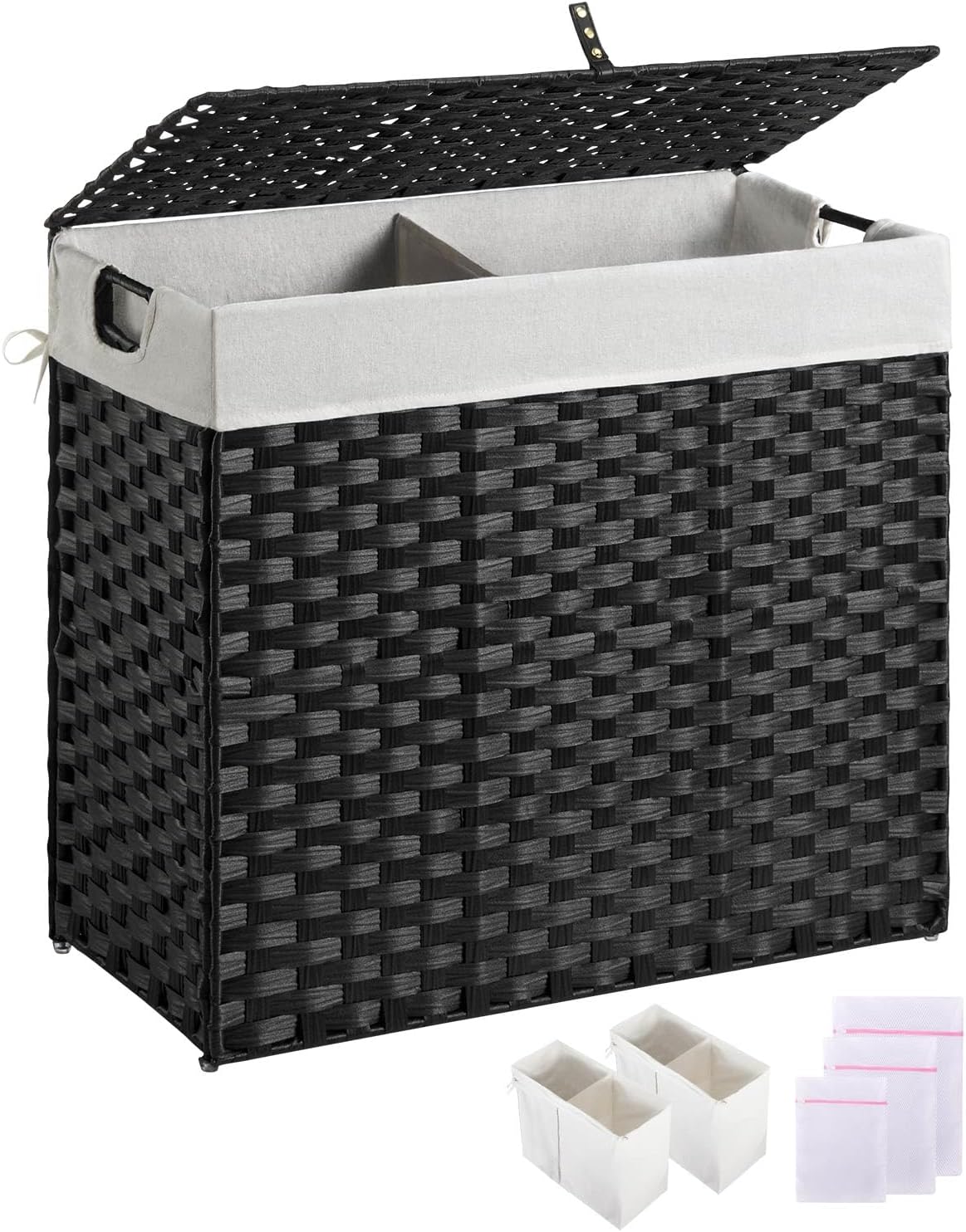 Greenstell Laundry Hamper with lid, No Install Needed, 110L Wicker Laundry Baskets Foldable 2 Removable Liner Bags