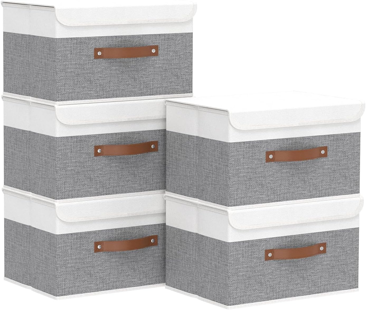 Yawinhe Collapsible Storage Boxes, Linen Fabric Baskets, Bin with lid and Leather Handle, Washable, for Home, Closet, Beige, 17.7''Lx11.8''Wx11.8''H