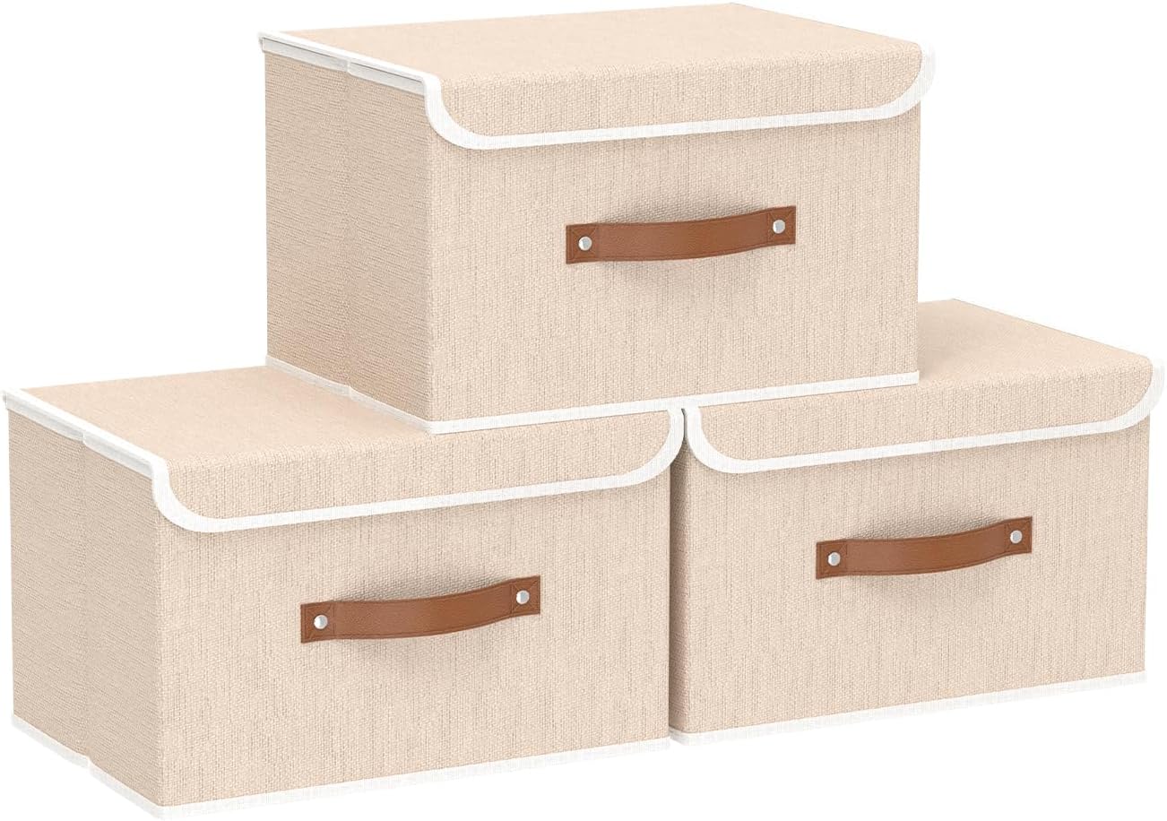 Yawinhe Collapsible Storage Boxes, Linen Fabric Baskets, Bin with lid and Leather Handle, Washable, for Home, Closet, Beige, 17.7''Lx11.8''Wx11.8''H