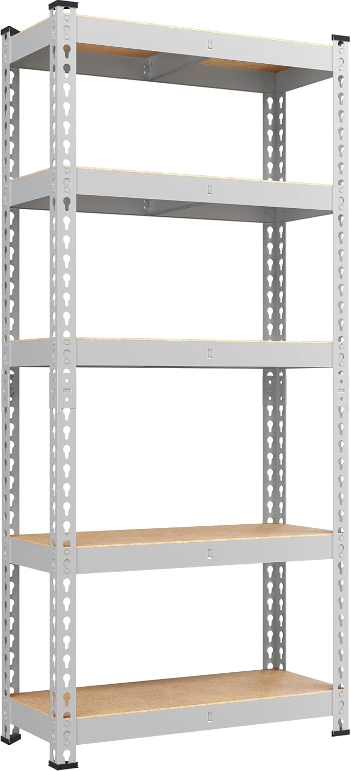 Yaheetech 5-Tier Heavy Duty Storage Shelves 28" W x 12" D x 60" H Silver, Boltless powder-coated metal frame and MDF boards assemble easily