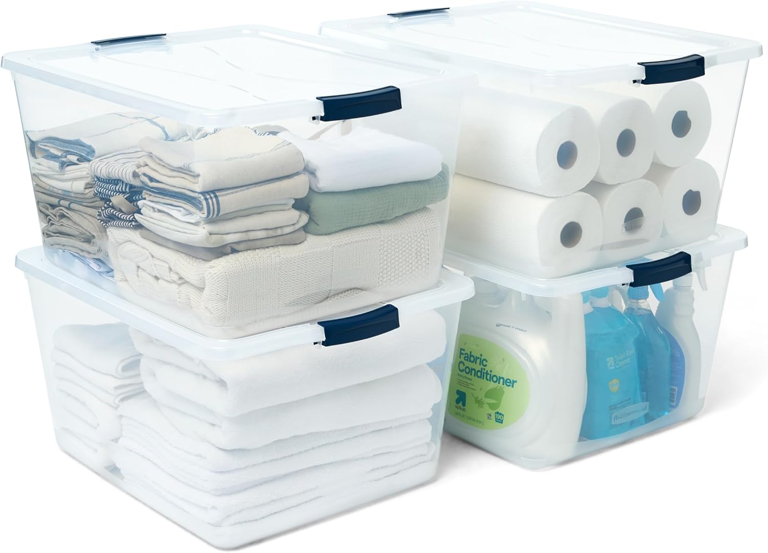 Rubbermaid Cleverstore 42 Quart Stackable Plastic Storage Bin with Lids for Garage, Closet, and Classroom, Clear, 4 Pack