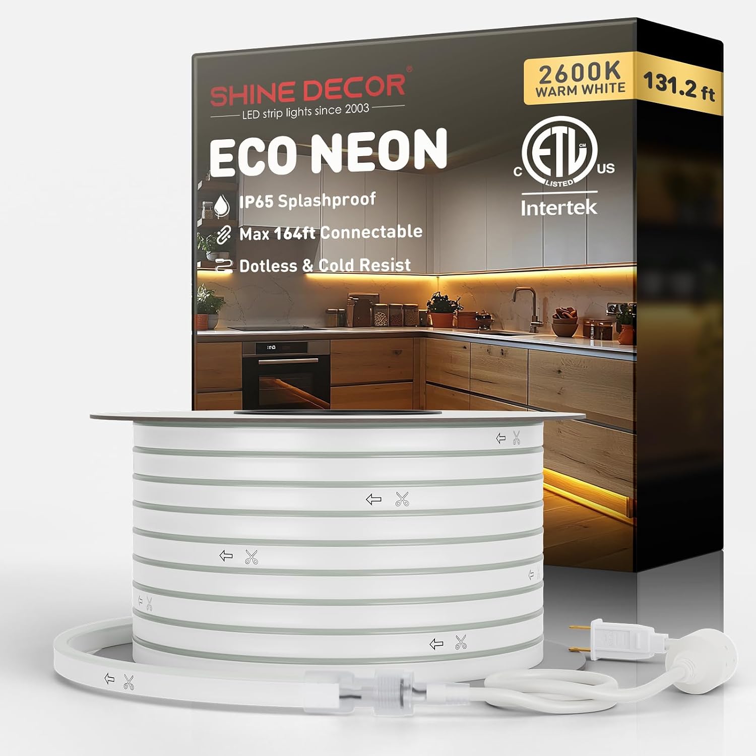 Shine Decor LED Neon Rope Lights Connectable, 131.2FT Flexible AC 110V 120V Neon LED Strip Lights(Warm White) Outdoor Waterproof