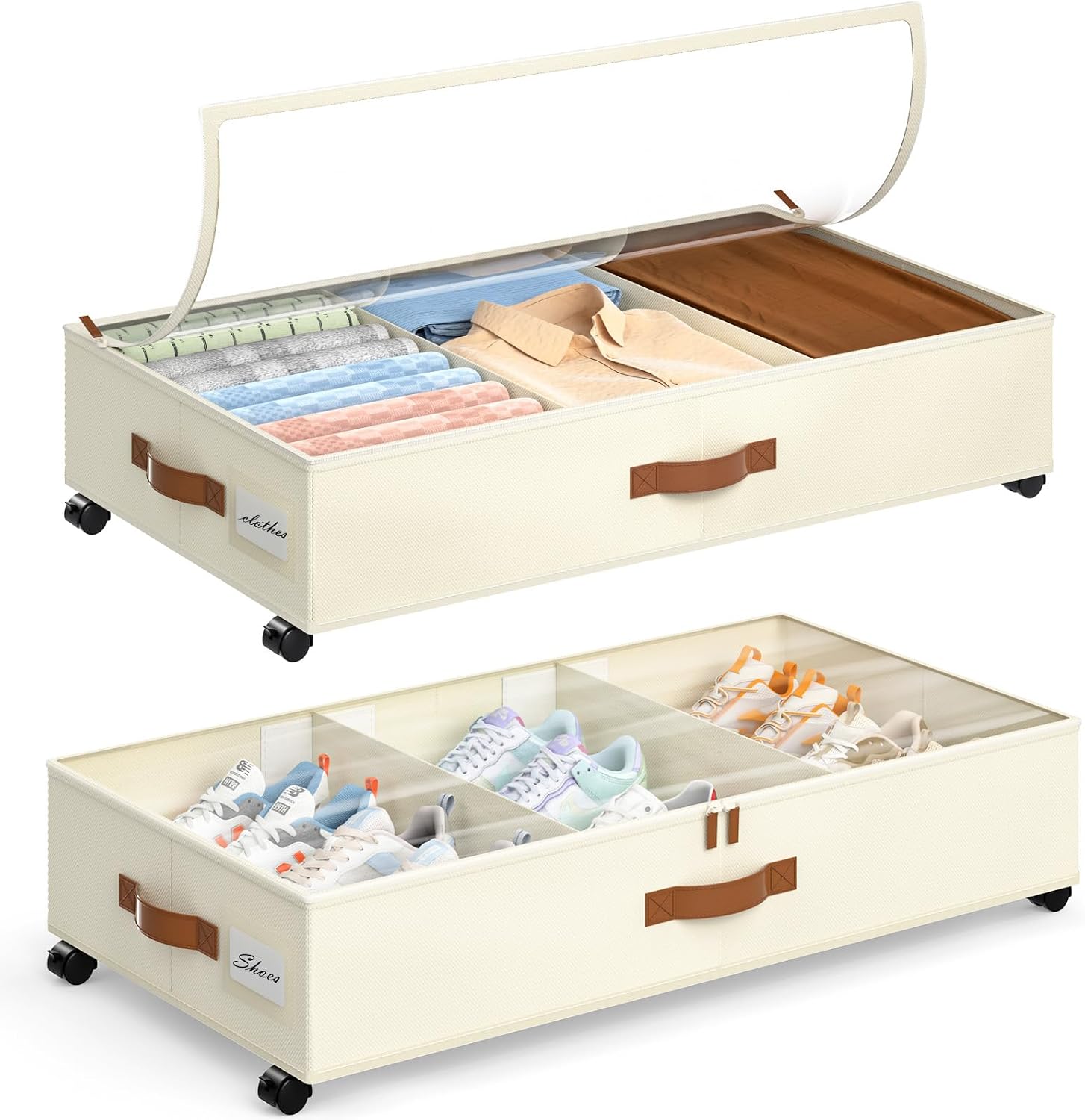 Yecaye Under Bed Storage with Wheels, 2 Pack Under Bed Storage Containers with Adjustable Dividers and Clear Window
