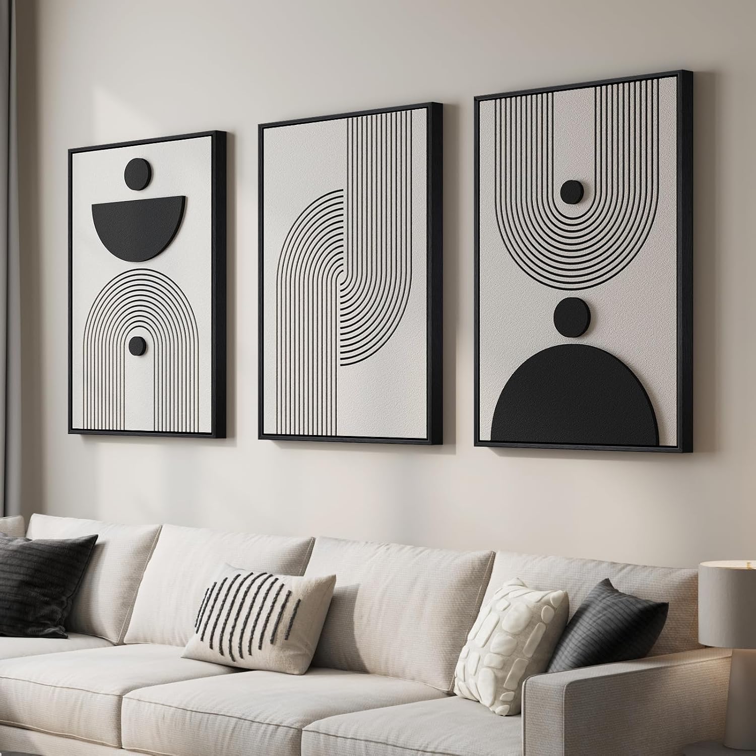 Large 3D Textured Framed Boho Modern Neutral Abstract Wall Art for Living Room, 3 Piece Black White Brown Paintings Artwork for Walls