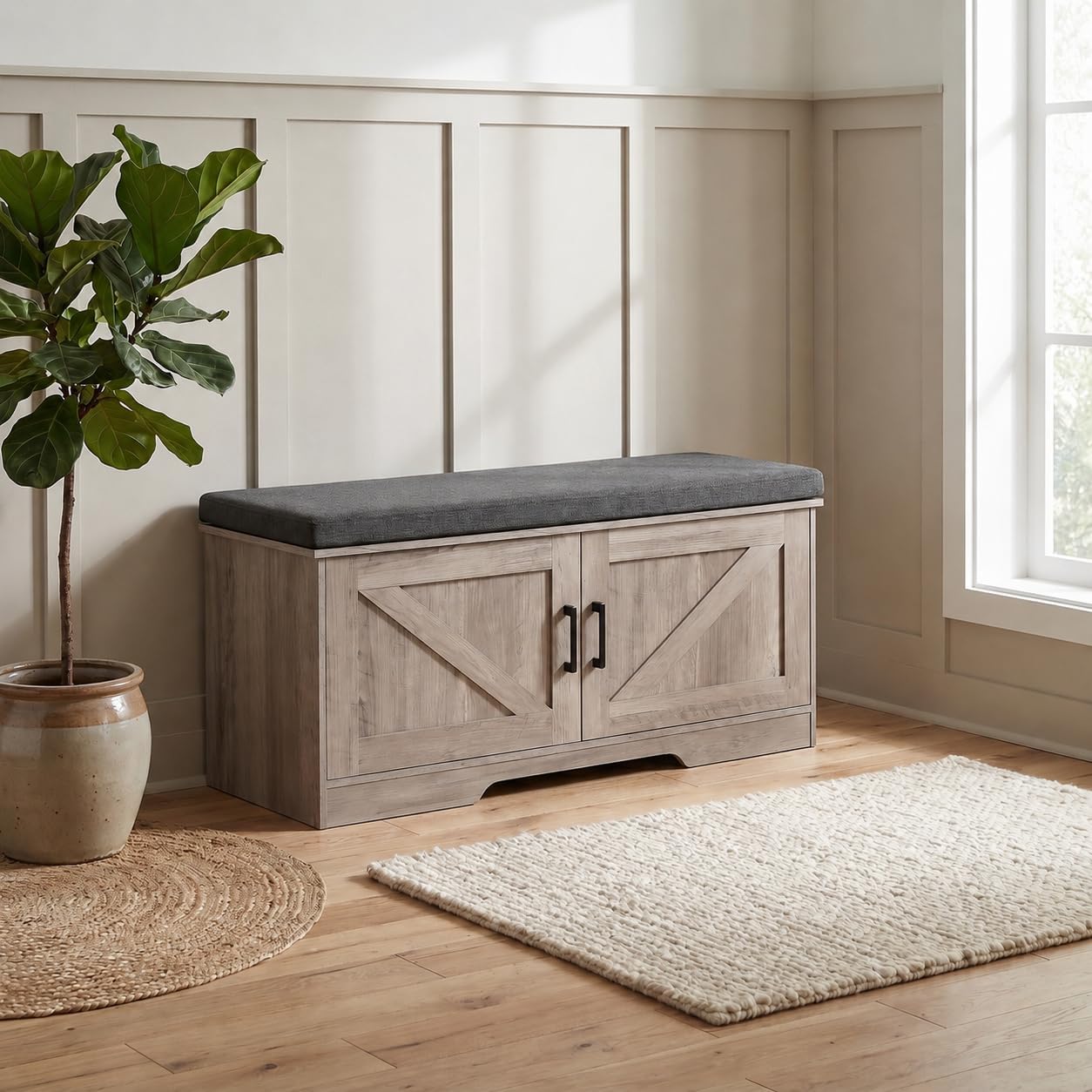 HOMSHO Farmhouse Shoe Storage Bench with 4 Barn Doors and Padded Seat Cushion, 47.2" Wide Entryway Bench with Adjustable Shelves and Hidden Storage