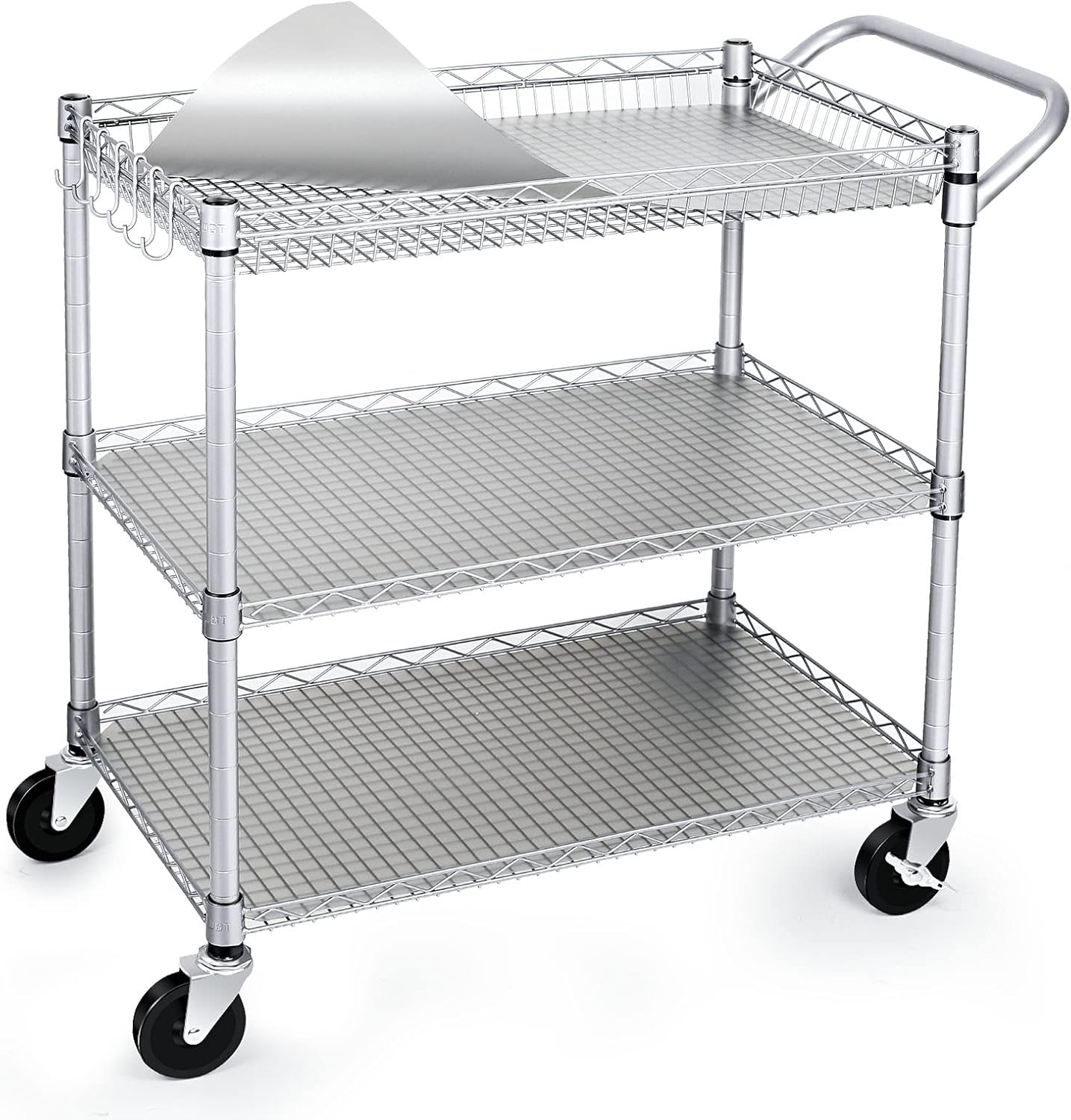 WDT 990Lbs Capacity Heavy Duty Rolling Utility Cart, NSF Rolling Carts with Wheels, Commercial Grade Metal Cart with Handle Bar and Shelf Liner