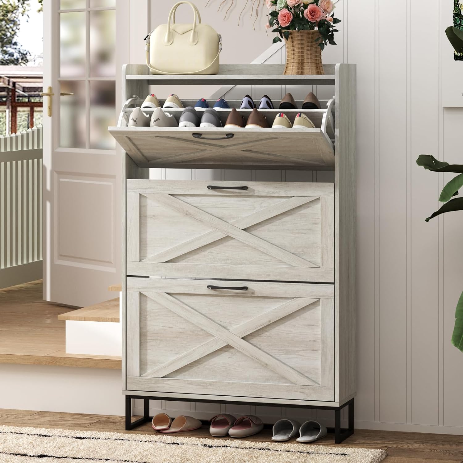 Maupvit Shoe Storage Cabinet with 2 Flip Drawers, Freestanding Shoe Organizer with Metal Legs for Entryway, Narrow Shoe Rack Cabinet, Rustic Brown