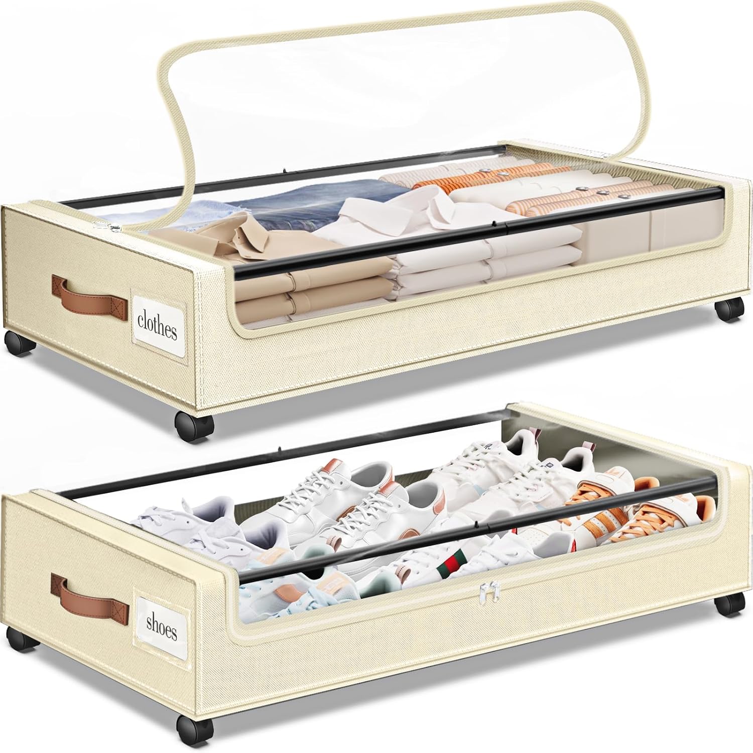 SpaceHacks Under Bed Storage with Wheels 2Pack Storage Containers with Clear Window&Label Under Bed Drawers Rolling Under Bed Storage for Clothes