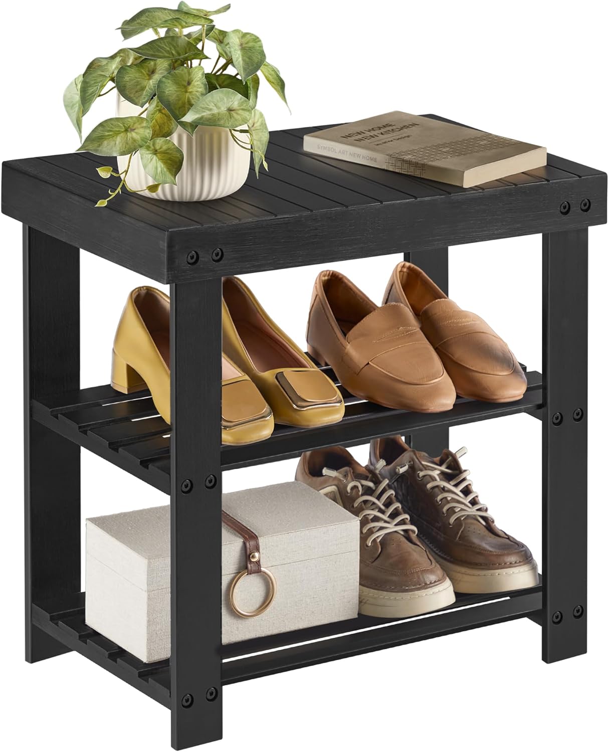 SONGMICS Shoe Rack Bench, 3-Tier Bamboo Shoe Storage Organizer, Entryway Bench, Holds Up to 286 lb, 11.3 x 35.4 x 17.8 Inches