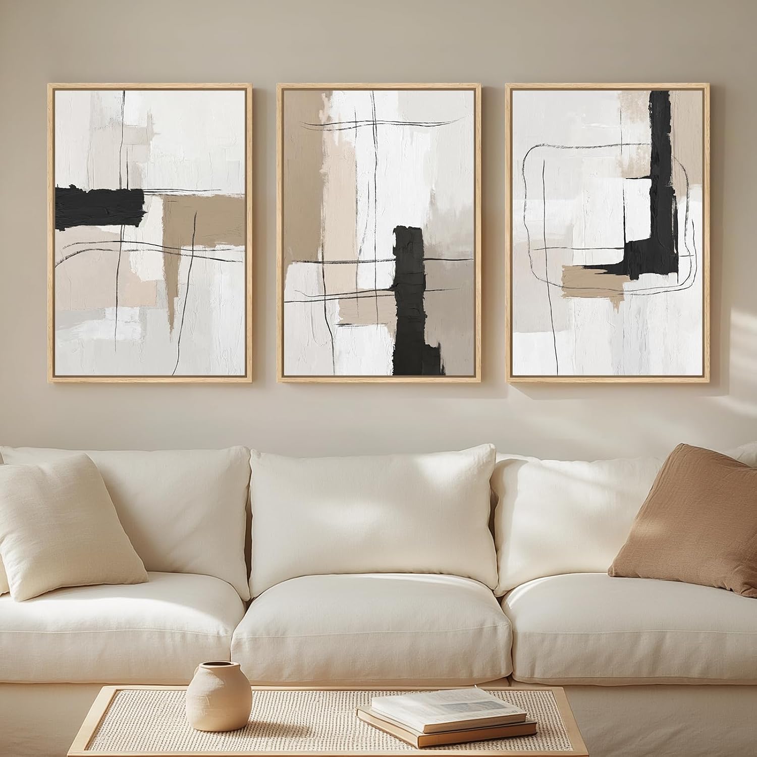 Large Framed Neutral Abstract Wall Art for Living Room, 3 Piece Modern Canvas Prints Paintings Artwork for Walls
