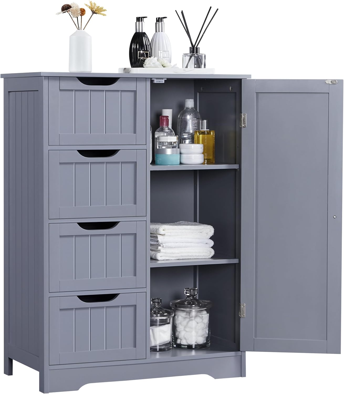 Yaheetech Wooden Floor Cabinet, Side Storage Organizer with 4 Drawers and 1 Cupboard, Freestanding Entryway Storage Unit Console Table