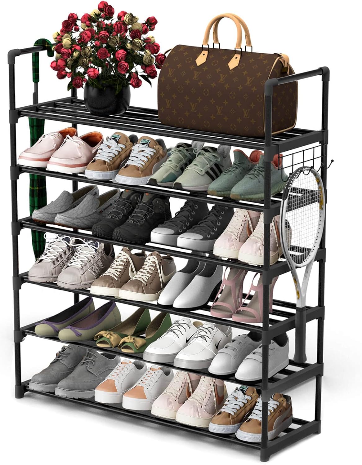 Hsscblet 6 Tiers Metal Shoe Rack, Adjustable Shoe Shelf Storage Organizer with Hooks, Stackable Boot and Shoe Storage, for Entryway, Hallway, Closet