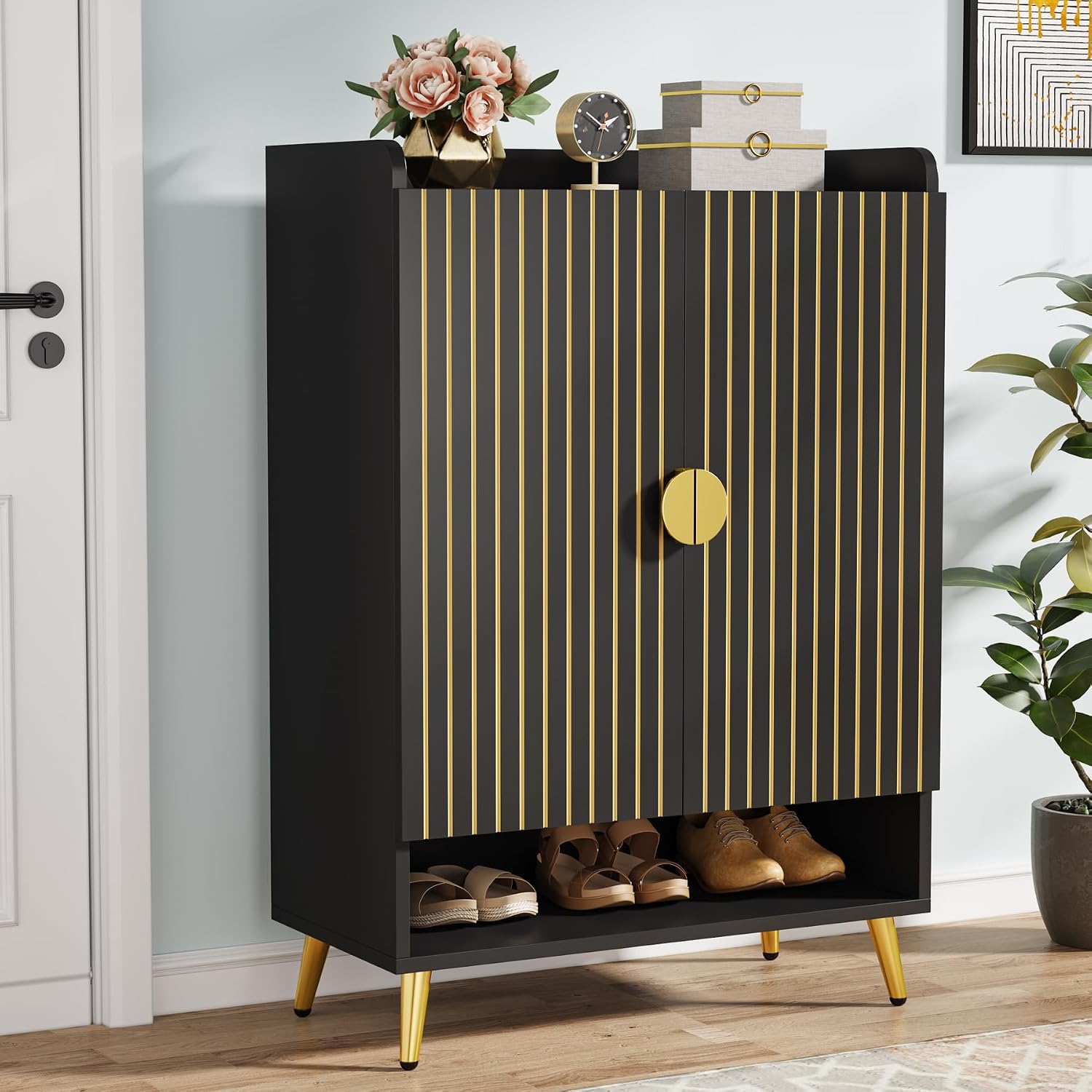 Tribesigns Shoe Cabinet with Doors, 6-Tier Shoe Storage for Entryway, Shoe Rack Cabinet with Adjustable Shelves, Shoe Storage Cabinet, Natural Wood
