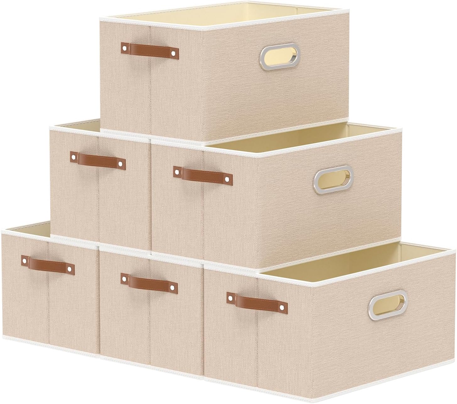 Yawinhe Foldable Storage Baskets for Shelves, 16.9x11.8x10.2in, Beige, 6-Pack, Collapsible Storage Bins for Towels