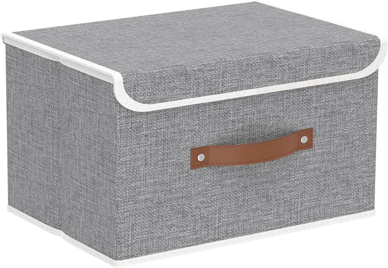 Yawinhe Collapsible Storage Boxes, Linen Fabric Baskets, Bin with lid and Leather Handle, Washable, for Home, Closet, Beige, 17.7''Lx11.8''Wx11.8''H