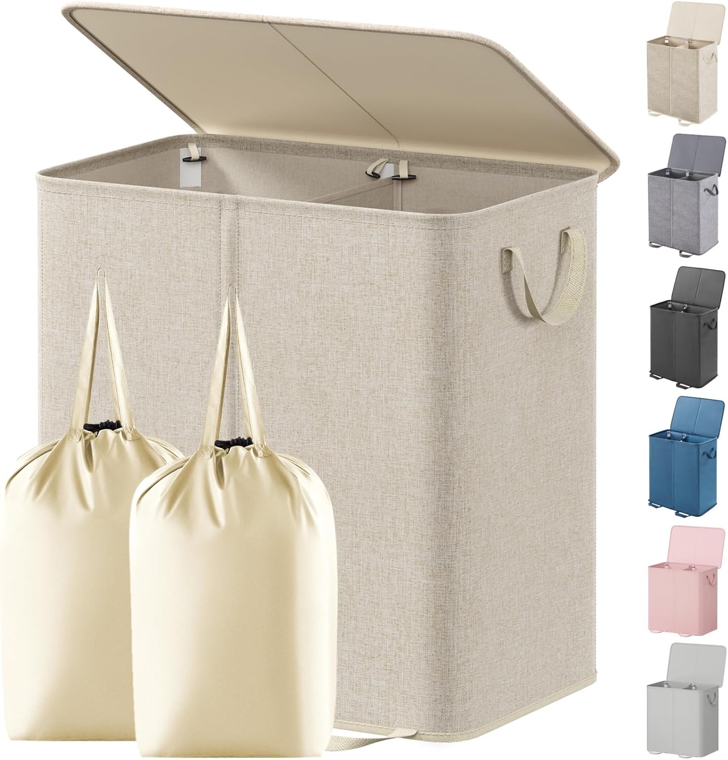 Lifewit Double Laundry Hamper with Lid and Removable Laundry Bags, Large Collapsible 2 Dividers Dirty Clothes Basket with Handles for Bedroom Laundry