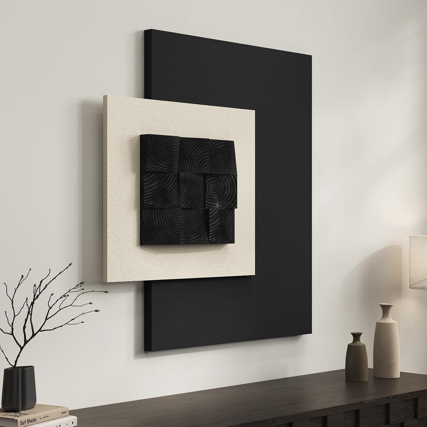 3D Wood Textured Large Neutral Abstract Wall Art, Modern Beige Brown Geometric Paintings Artwork for Walls-Minimalist Wooden Wall Art Decor for Living