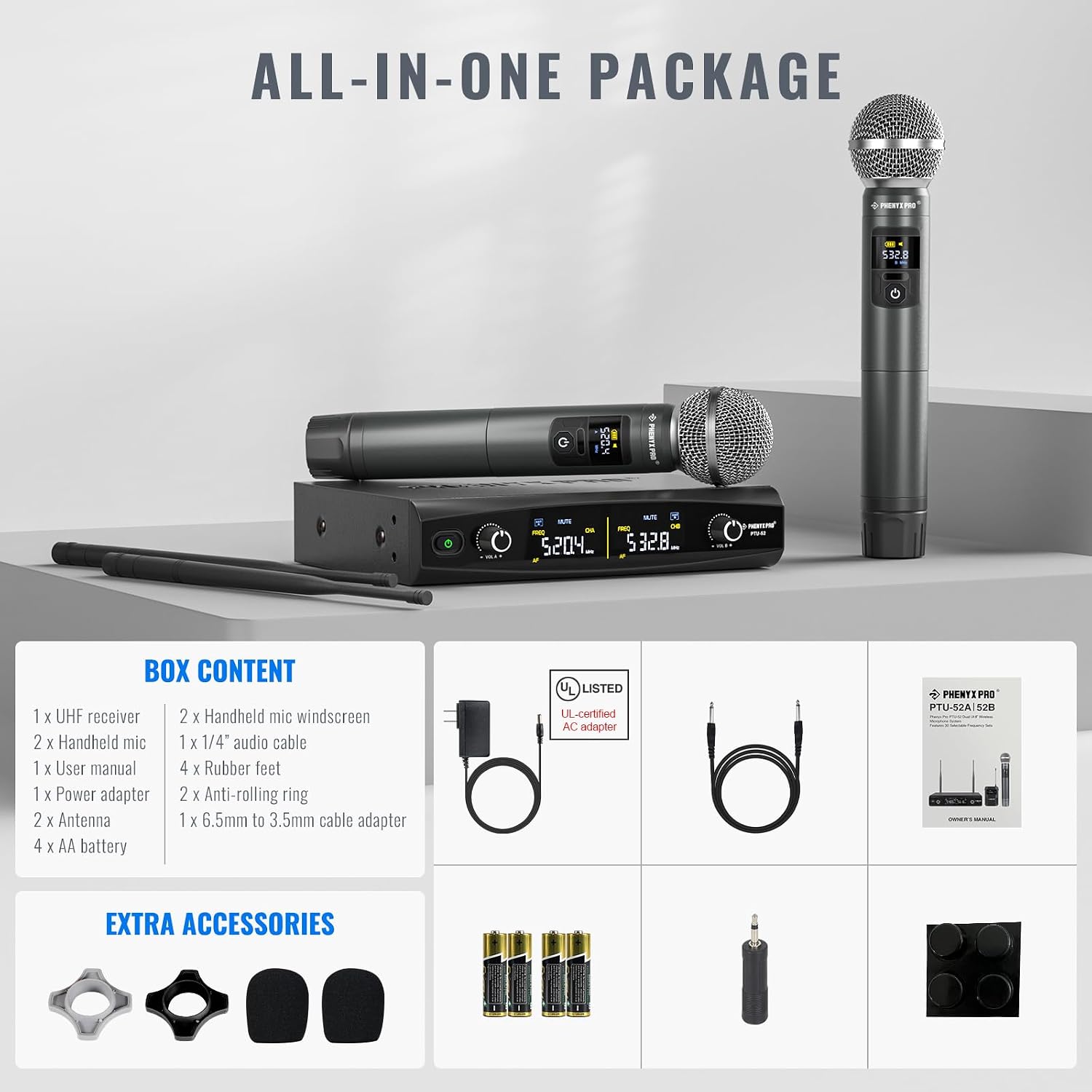 Phenyx Pro Wireless Microphone System, Metal Wireless Mic Set, Handheld Cordless Dynamic Microphones for Singing, Karaoke, Church
