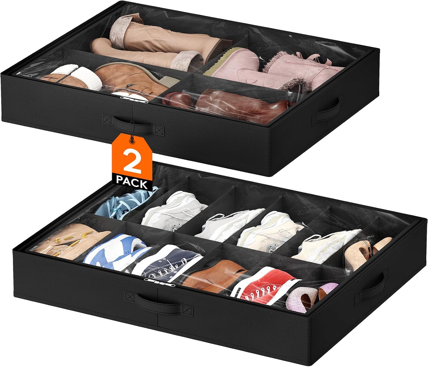 Lifewit Under Bed Shoe Storage Organizer 4 Pack(16 Shoes Cells), 4.3 Inches Profile Fabric Shoes Container Box with Clear Cover