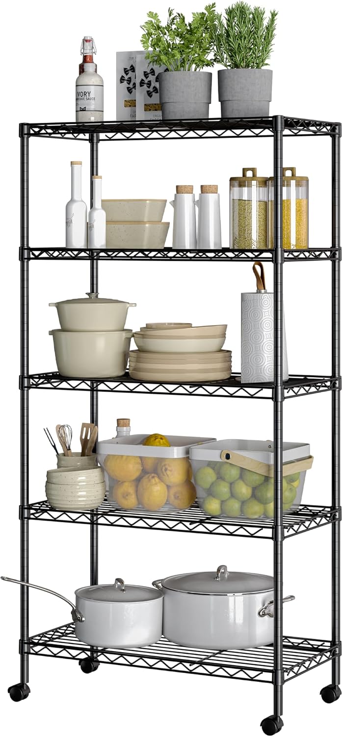 5-Tier Steel Wire Shelving, 30" W x 14" D x 61.5" H, Black, Durable solid steel wire storage rack with adjustable shelves featuring 300 pounds per