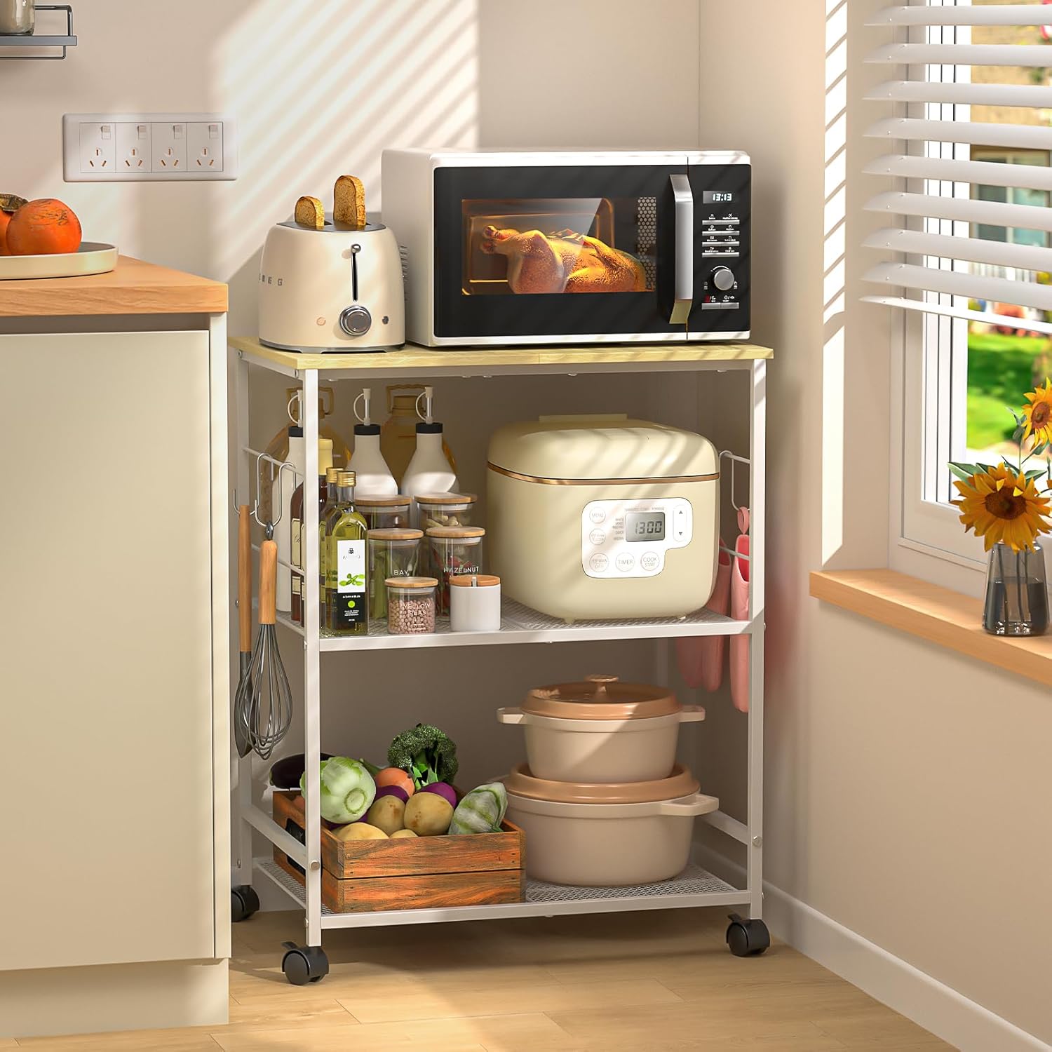 ThreeHio Rolling Kitchen Microwave Cart, 3 Tier Microwave Table Stand with Storage, Kitchen Utility Cart on Lockable Wheels