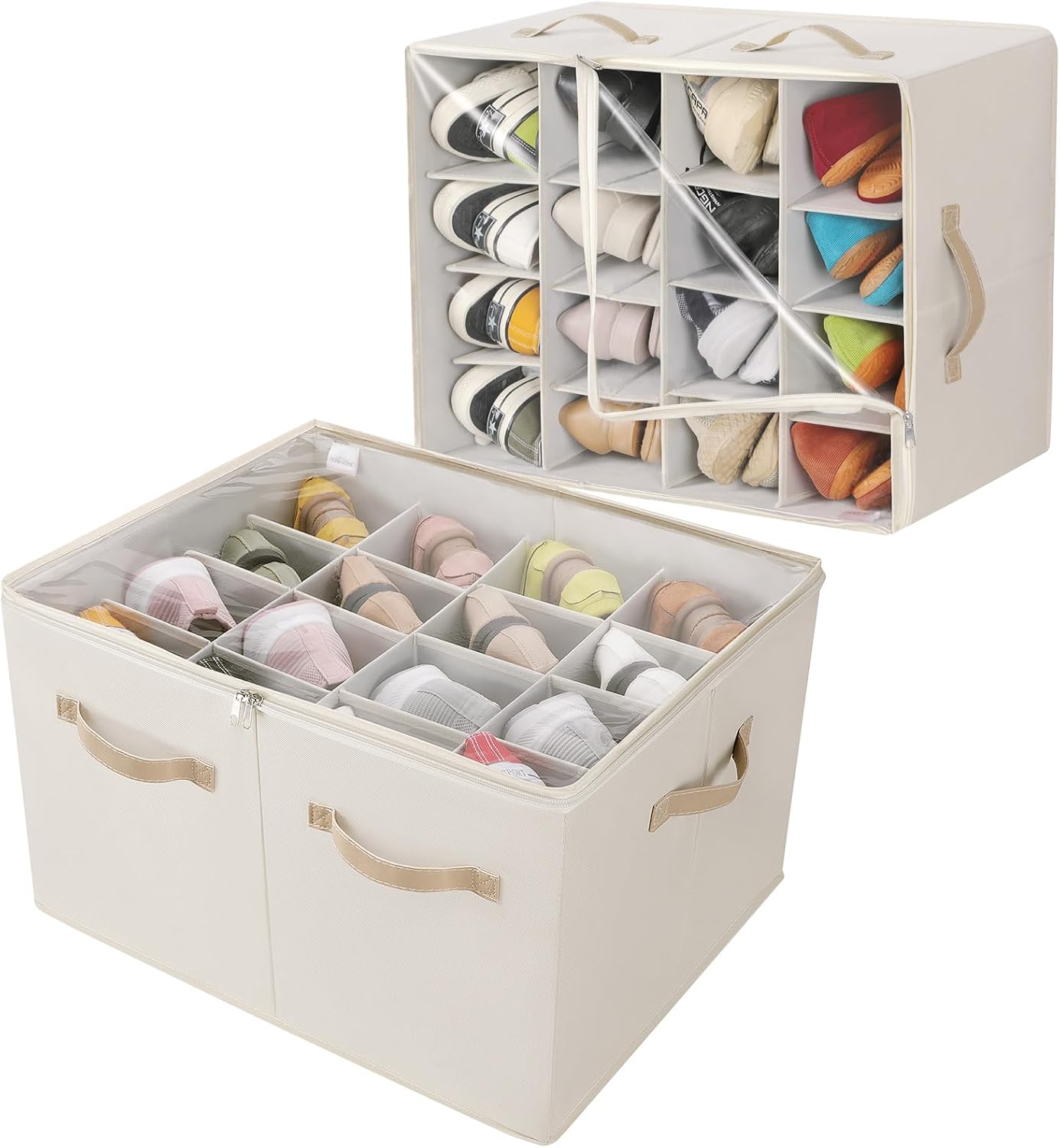 TOPIA HOME Shoe Organizer for Closet, Foldable Shoe Box with Adjustable Dividers and Clear Cover