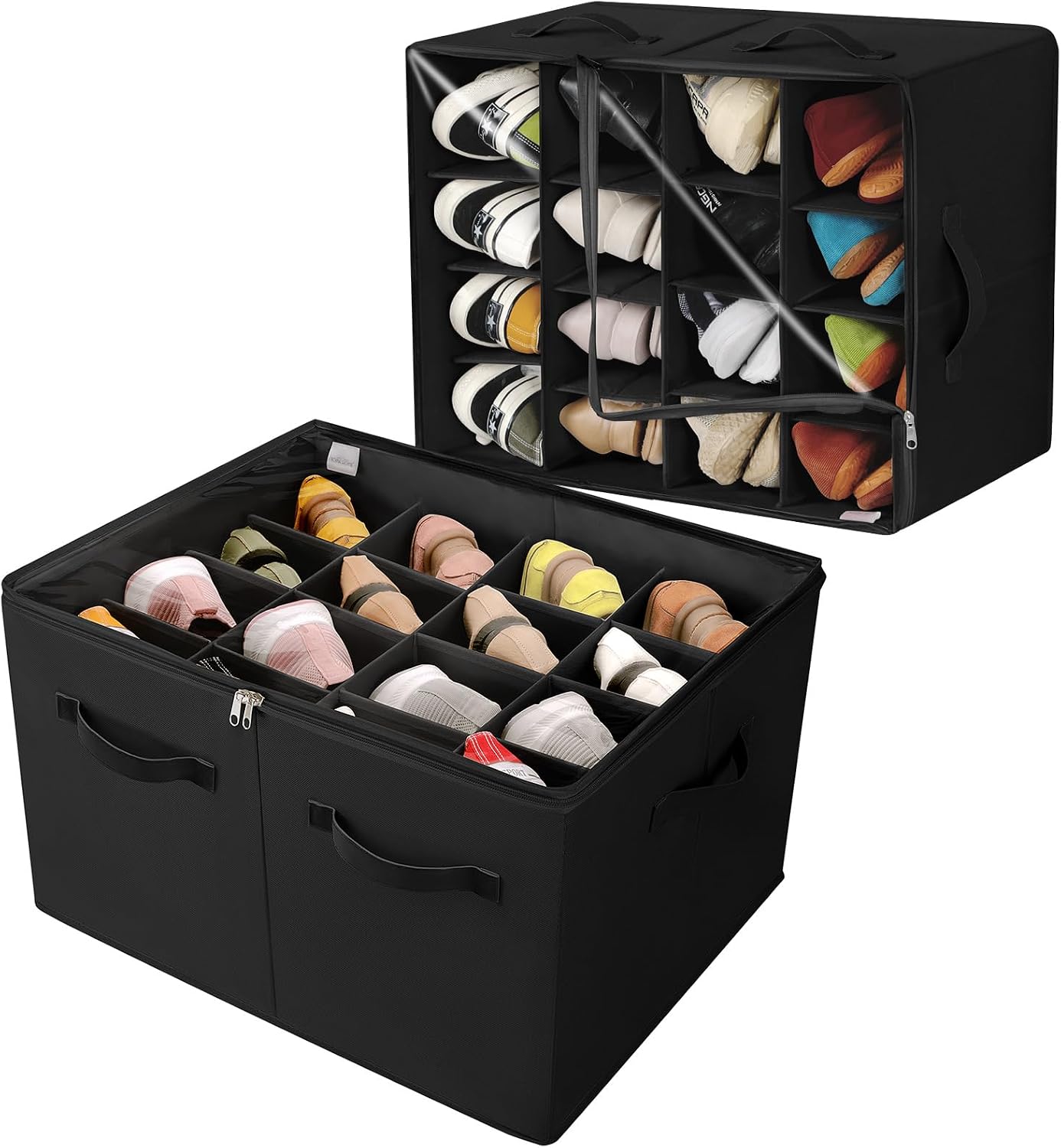 TOPIA HOME Shoe Organizer for Closet, Foldable Shoe Box with Adjustable Dividers and Clear Cover