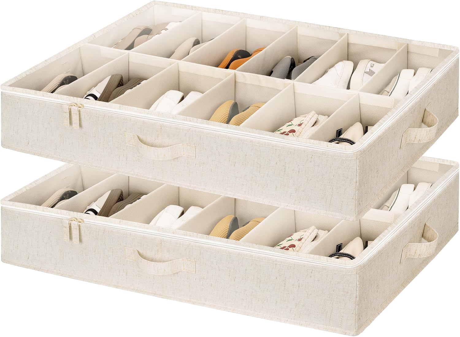StorageWorks 2-Pack 24-Pair Underbed Shoe Storage Organizer, Linen Beige, Rustic Linen Fabric, Adjustable Dividers, 5.25" Height