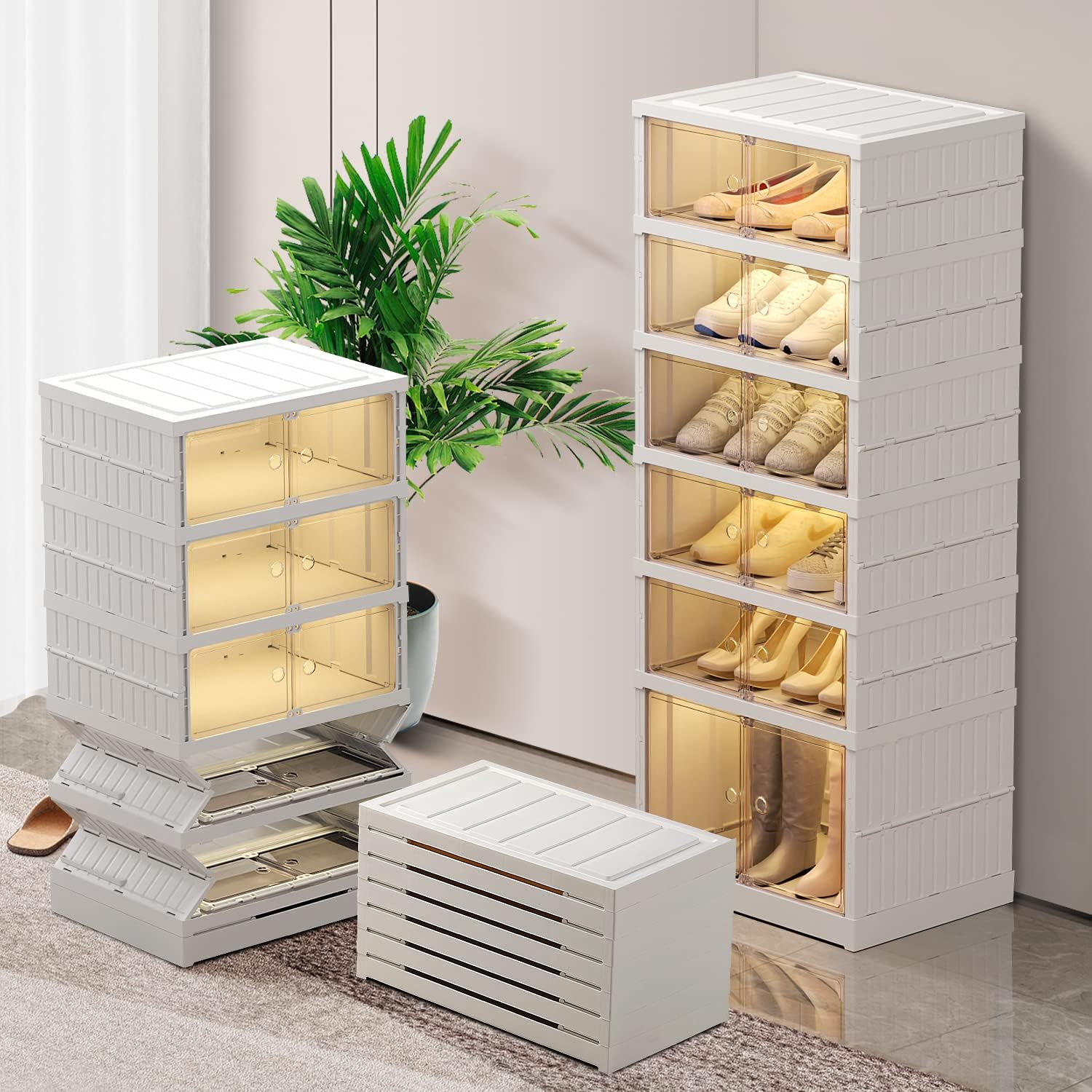 6-Tier Foldable Shoe Rack, Magnetic Doors, 12 Pairs, White, Collapsible Plastic Shoe Cabinet, Stackable, Clear Doors, Bottom Wheels, Fits Boots