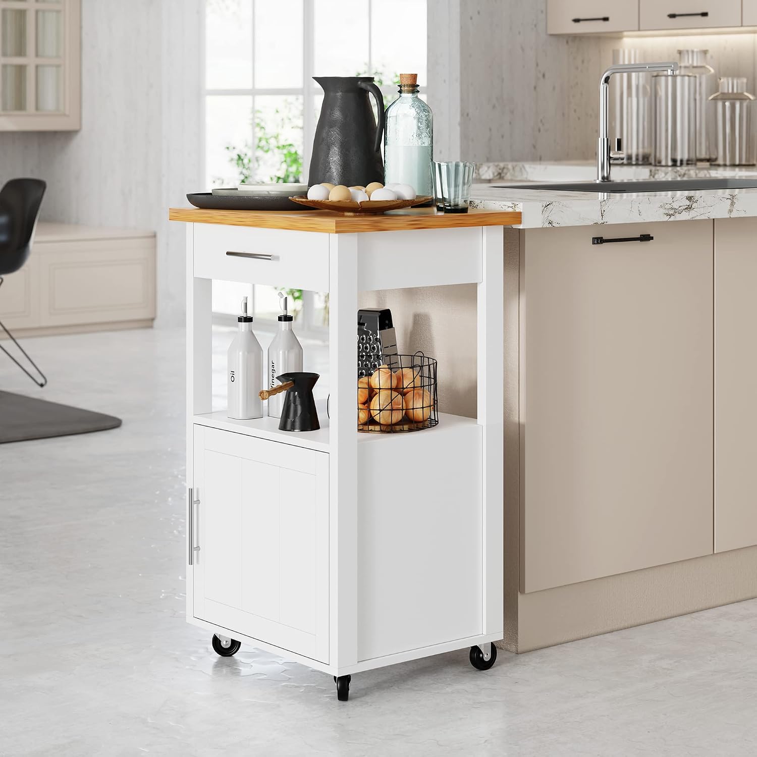 Shintenchi Kitchen Island Cart with Storage, Rolling Side Table on Wheels with Worktop, Single Door Cabinet and Drawer for Dining Room, White