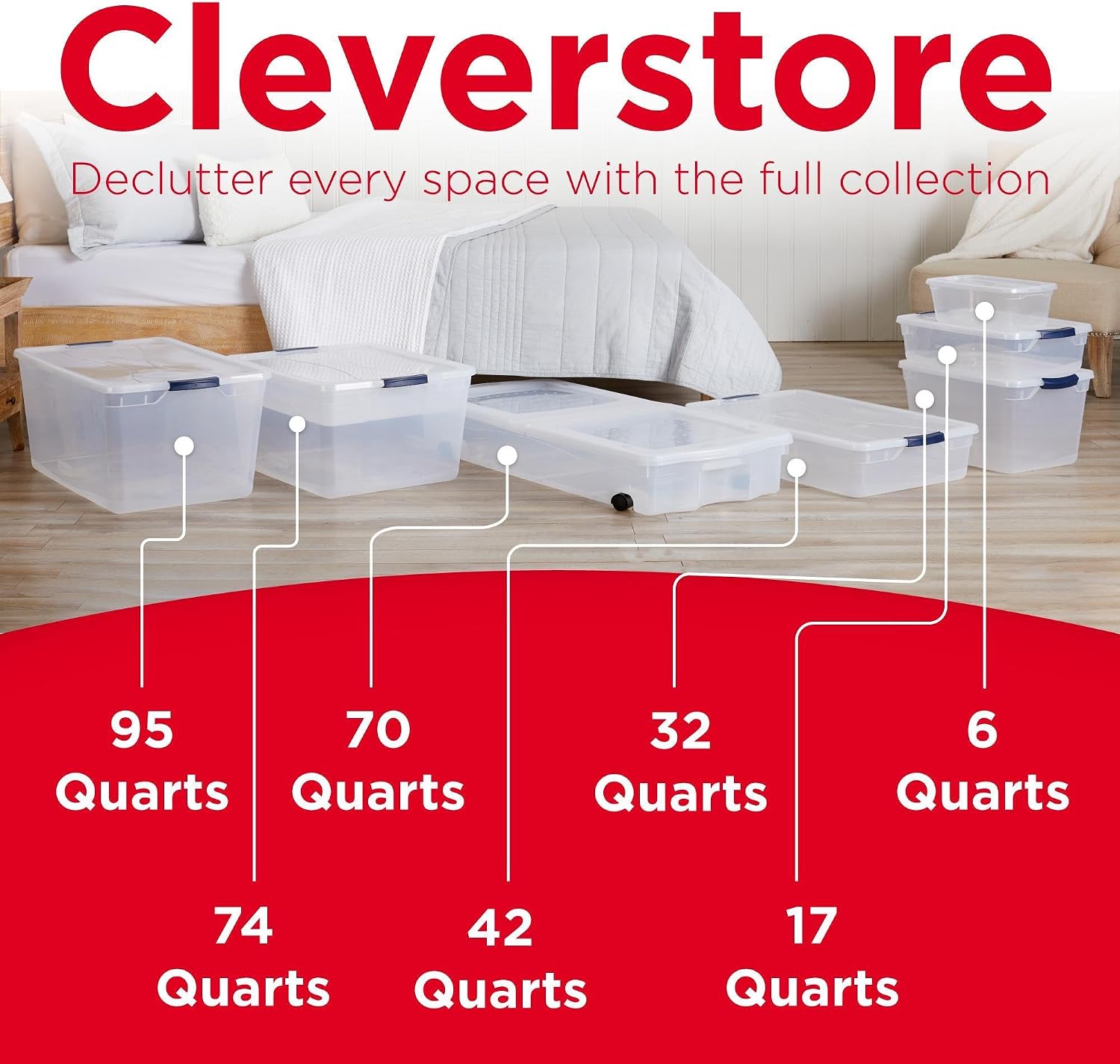 Rubbermaid Cleverstore Clear 32 Qt, 6 Pack Stackable Plastic Storage Bins with Lids, for Closet and Laundry Storage, Organizing in the Home
