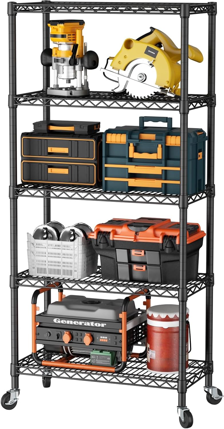 5 Shelves Storage Shelf Wire Shelving Unit Metal Adjustable Wheels, Small Shelf Storage with Wheels Organizers Closet Unit for Bathroom Laundry Room