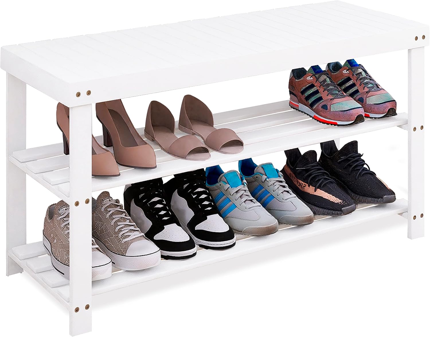 SMIBUY Bamboo Shoe Rack Bench, 3-Tier Shoe Organizer Storage Shelf for Entryway Hallway Bathroom Living Room (Grey)