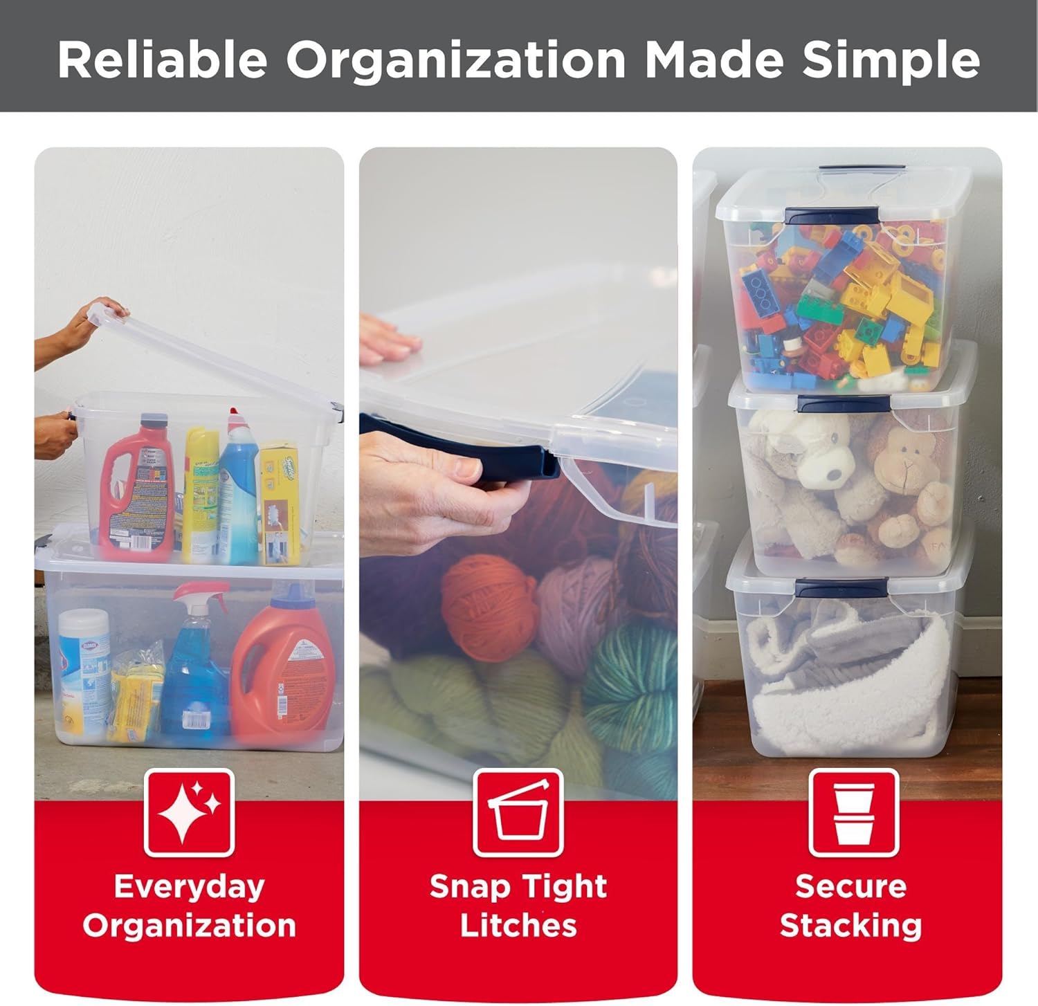 Rubbermaid Cleverstore Clear 32 Qt, 6 Pack Stackable Plastic Storage Bins with Lids, for Closet and Laundry Storage, Organizing in the Home
