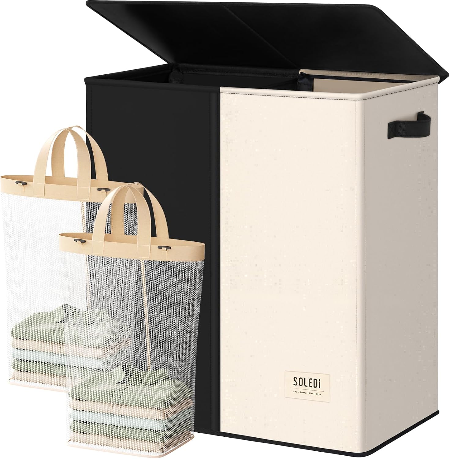 SOLEDI Luxury Double Laundry Hamper with Lid and Removable Bags, 38.3 Gal Large Laundry Bin, Laundry Basket 2 Sections