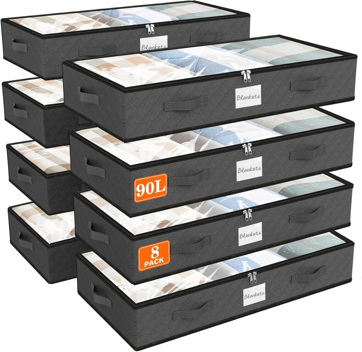 SpaceWhisper 90L Under Bed Storage Containers, Storage Bags, Organizers, 8-Pack, Gray, Foldable, Soft Fabric, Closet Organizers, Reinforced Handle