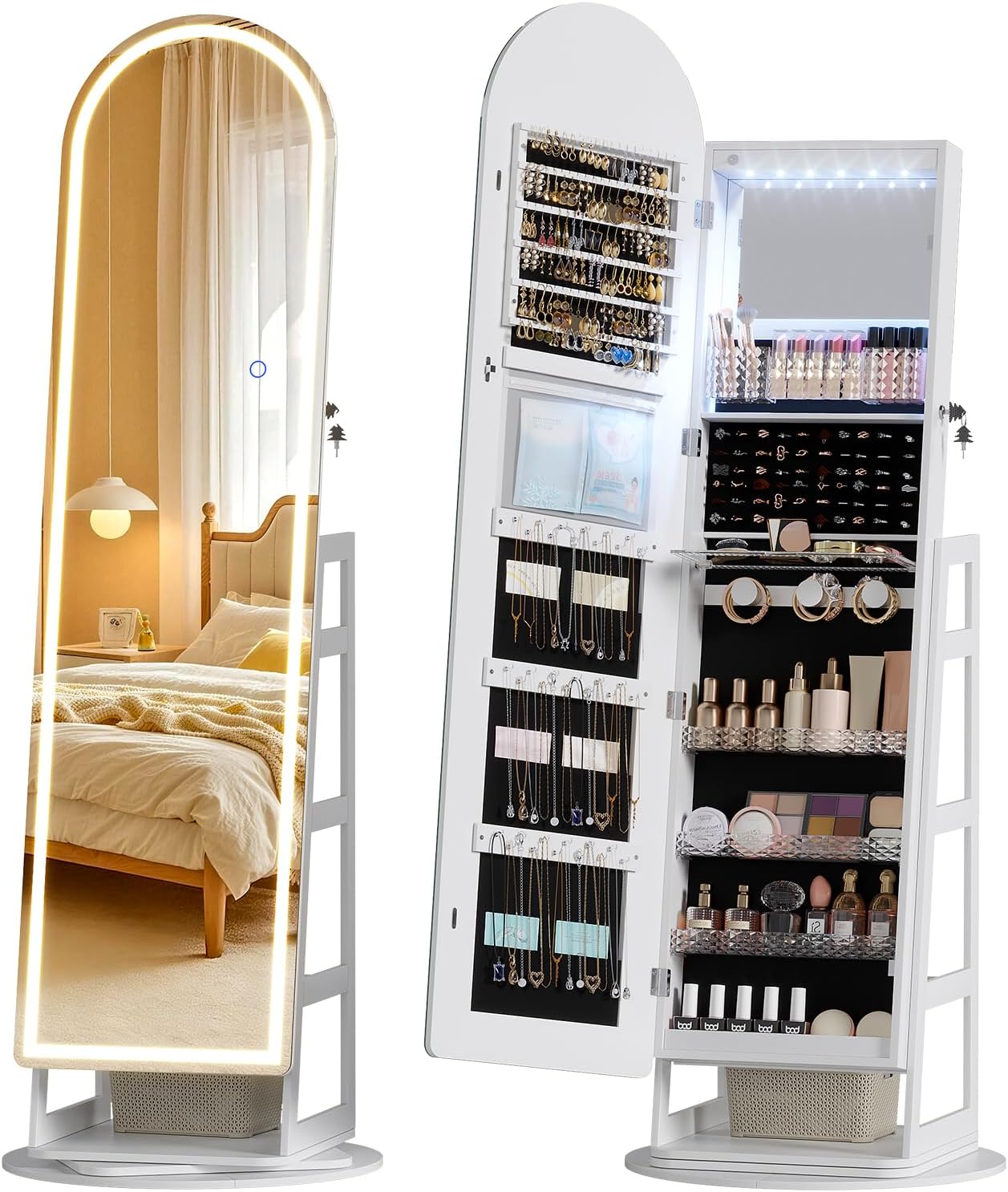 LVSOMT 64" H Arched LED Mirror Jewelry Cabinet Standing, White, 360° Swivel Full-Length Mirror with Storage