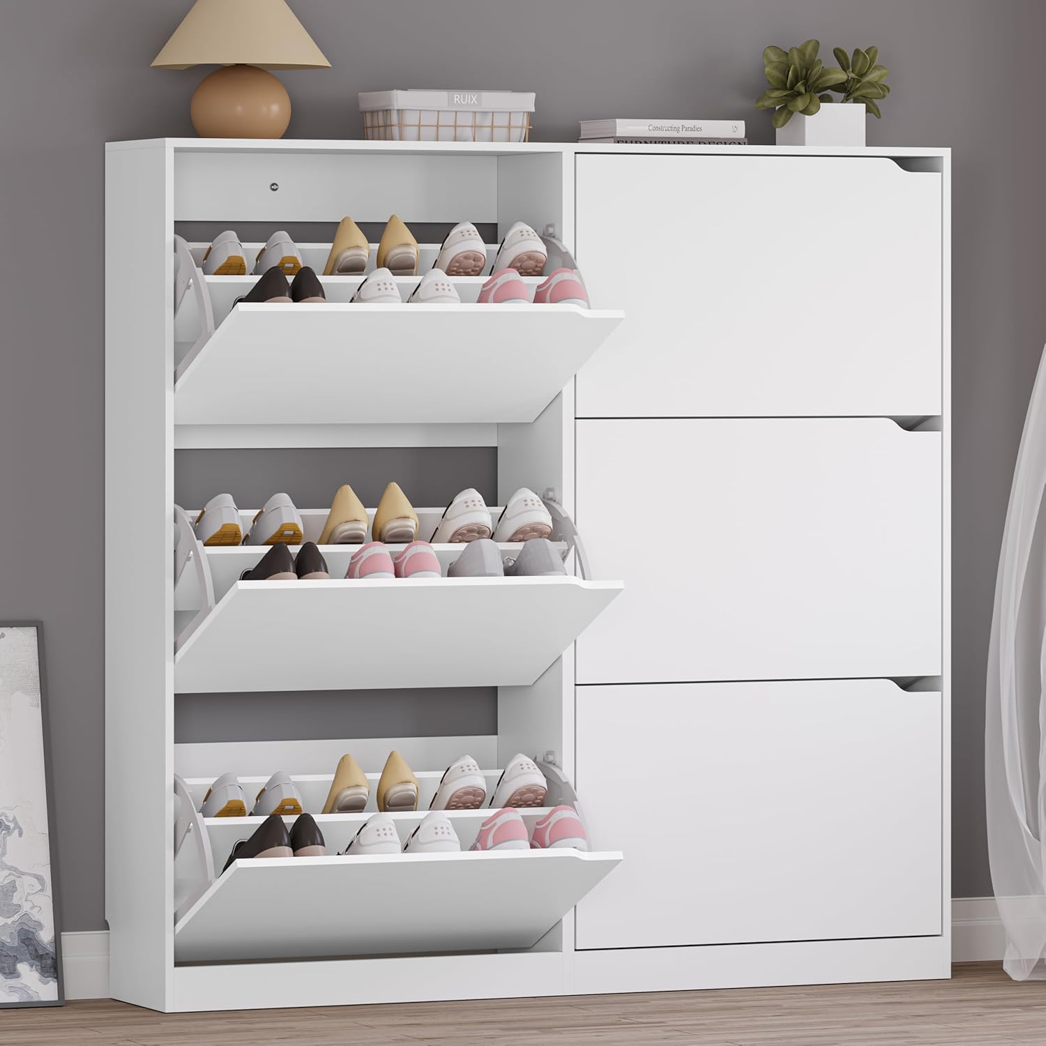 BORNOON Shoe Cabinet with 3 Flip Drawers, Hidden Wood Shoe Cabinet, Freestanding Shoe Storage Cabinet for Entryway Hallway.White. 47.2" H*31.5" W*9