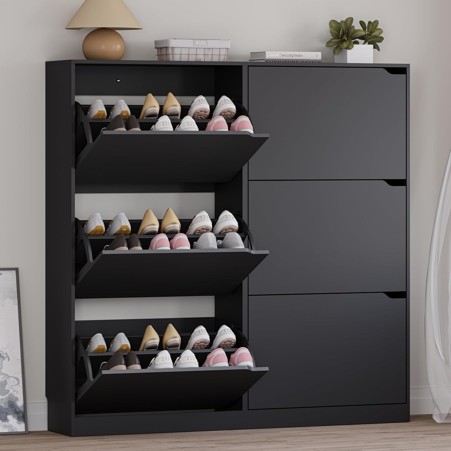 BORNOON Shoe Cabinet with Odor Control and Back Panels, Deodorizing Slim 3-Flip Shoe Storage Cabinet for Entryway