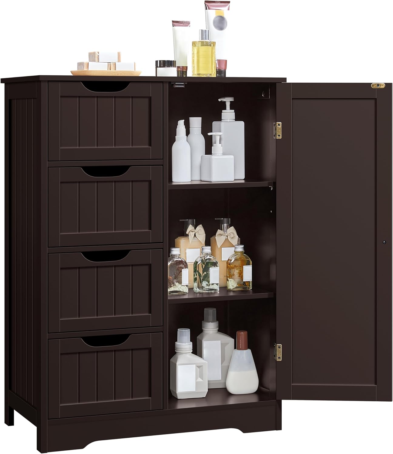 Yaheetech Wooden Floor Cabinet, Side Storage Organizer with 4 Drawers and 1 Cupboard, Freestanding Entryway Storage Unit Console Table