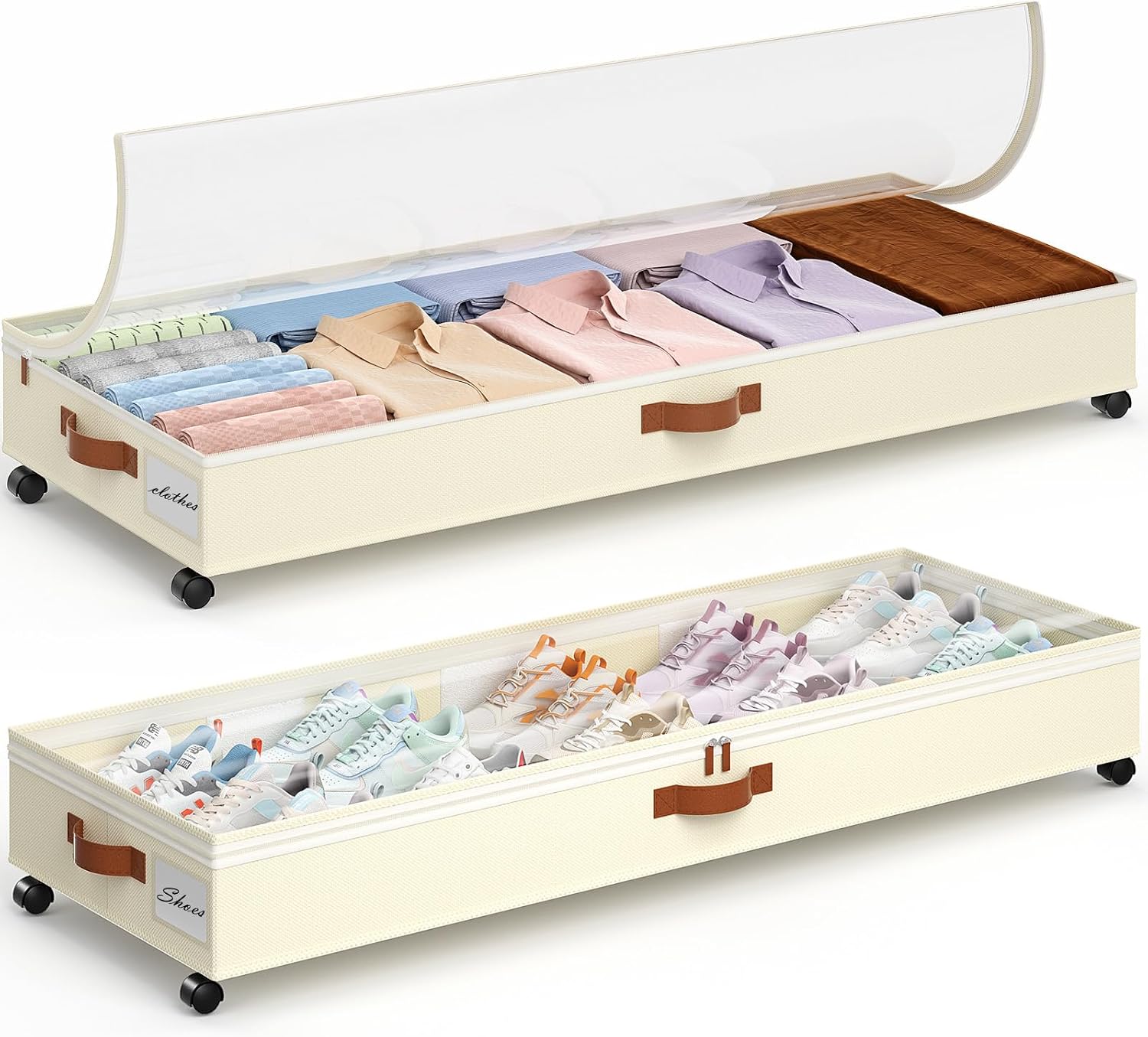 Yecaye Under Bed Storage with Wheels, 2 Pack Under Bed Storage Containers with Adjustable Dividers and Clear Window