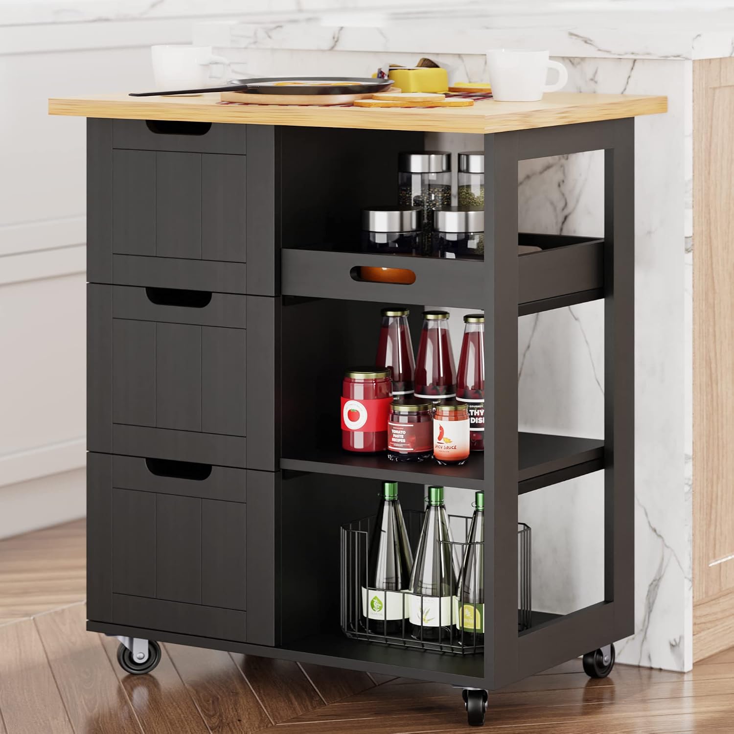 Shintenchi Kitchen Island Cart with Storage, Rolling Kitchen Island Side Table on Wheels with Large Worktop, Storage Cabinet, Towel Rack