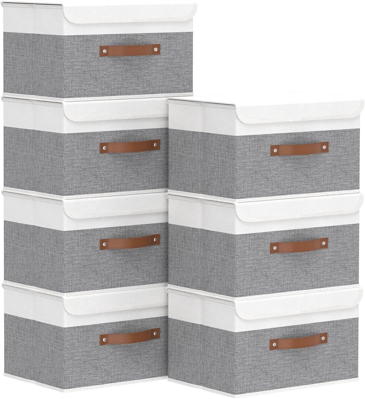 Yawinhe Storage Bins with Lids, Beige, 17.7x11.8x11.8in, 5-Pack, Fabric Container with Leather Handle, Washable Home Basket