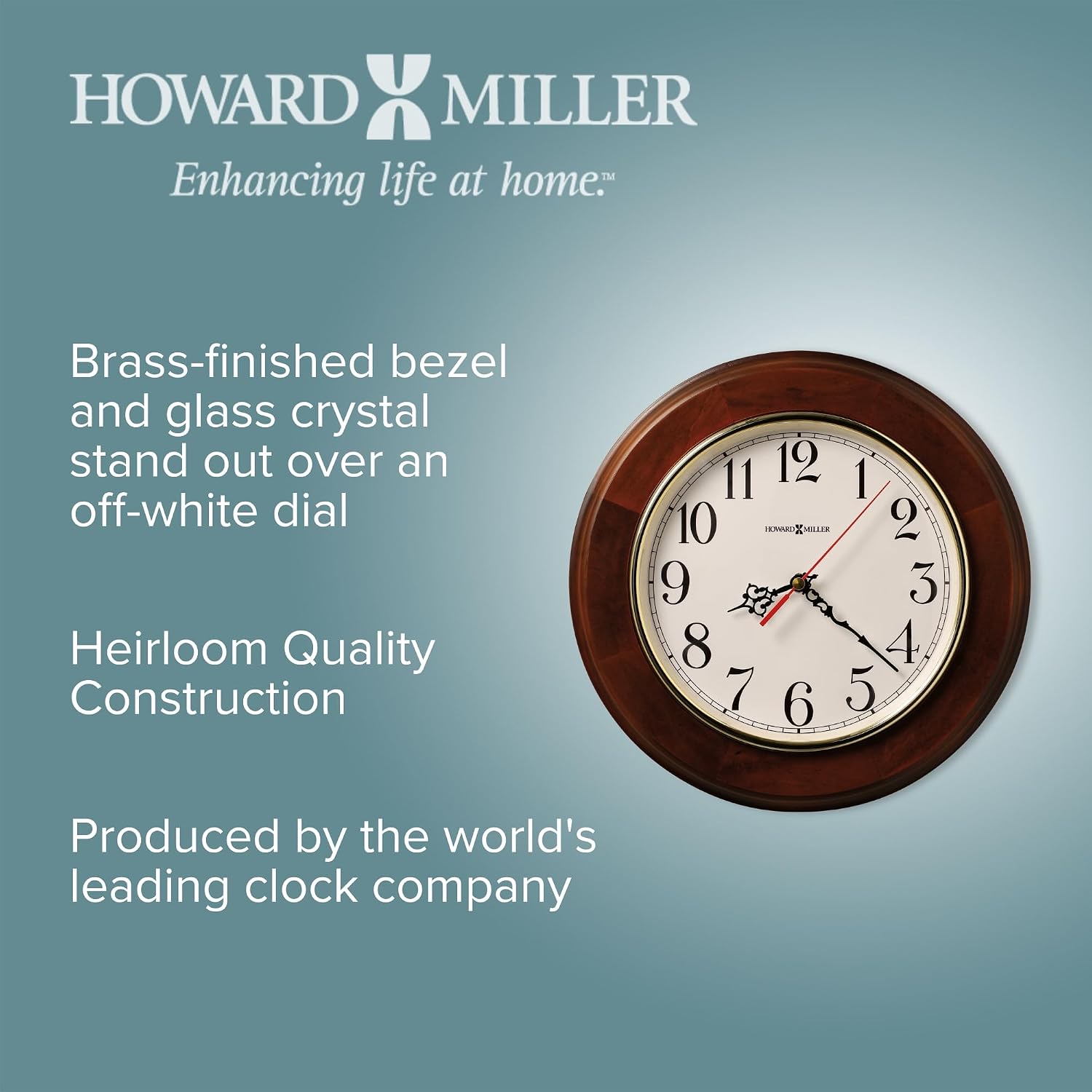 Howard Miller Brentwood Wall Clock - Wood Finish, Brass Bezel, Silent Quartz Movement, Round, Battery Operated, Home or Office Decor