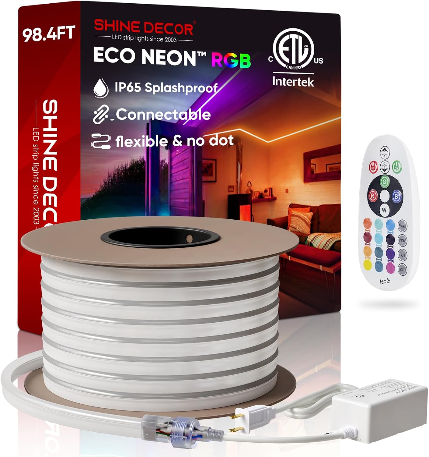 Shine Decor LED RGB Neon Rope Lights AC 120V, Expandable and Cuttable Bright Strip Lighting with Remote, Dimmable Color Changing