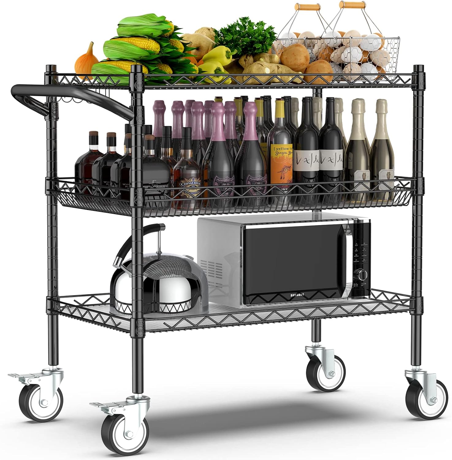Leteuke Rolling Kitchen Carts with Wheels, 3-Tier Utility Cart with Wood Tabletop, NSF Commercial Metal Serving Cart with Handle and Shelf, Black