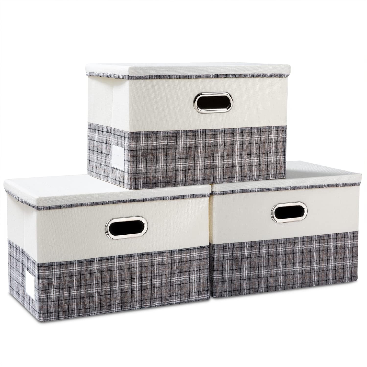 PRANDOM Large Collapsible Storage Bins with Lids 3-Pack Linen/Cotton Blend Foldable Storage Boxes Organizer Containers Baskets Cube with Cover for