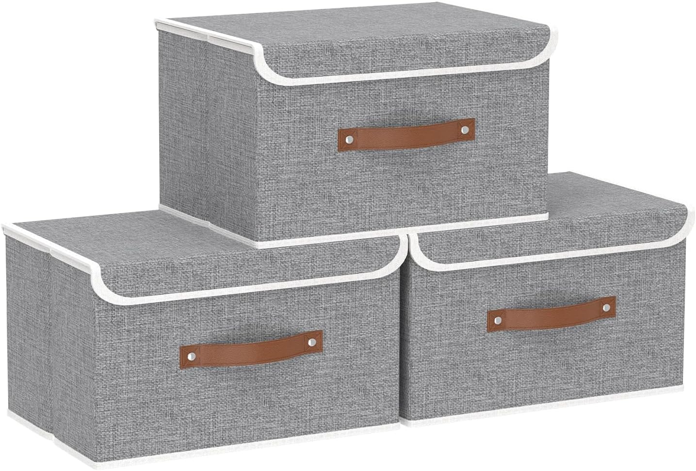 Yawinhe Collapsible Storage Boxes, Linen Fabric Baskets, Bin with lid and Leather Handle, Washable, for Home, Closet, Beige, 17.7''Lx11.8''Wx11.8''H